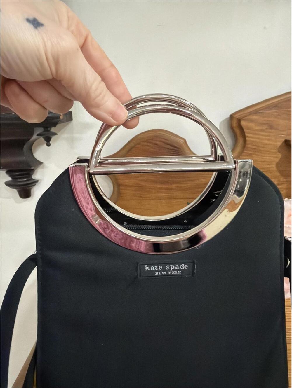 Vintage Classic Kate Spade Black Nylon Handbag Purse Cross Body Silver Handles - Picture 3 of 9
